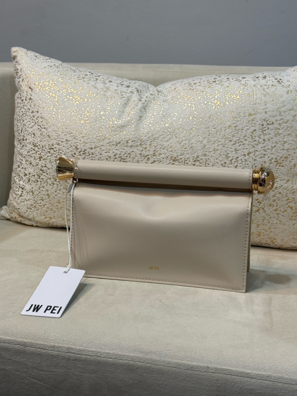 JW PEI Beige Roll-Top Clutch with Gold Caps